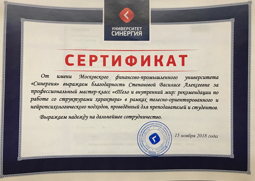 сертификат и благодарность Степановой Василисе Алексеевне